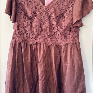 BloomChic Rust Lace-Trim Mini Dress
